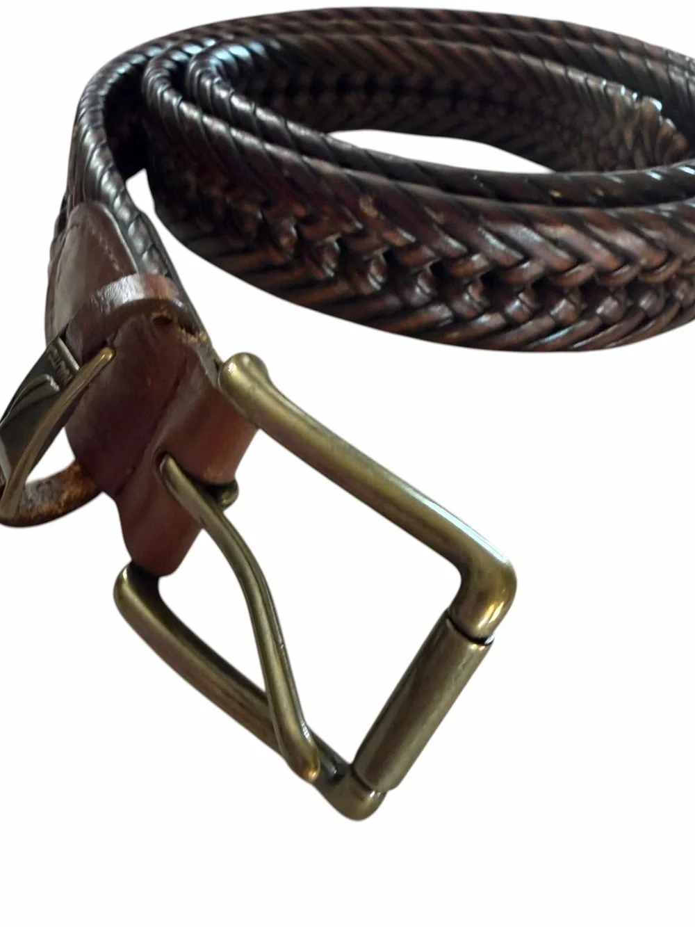 Nautica Brown Braided Leather Belt with Brass Accent